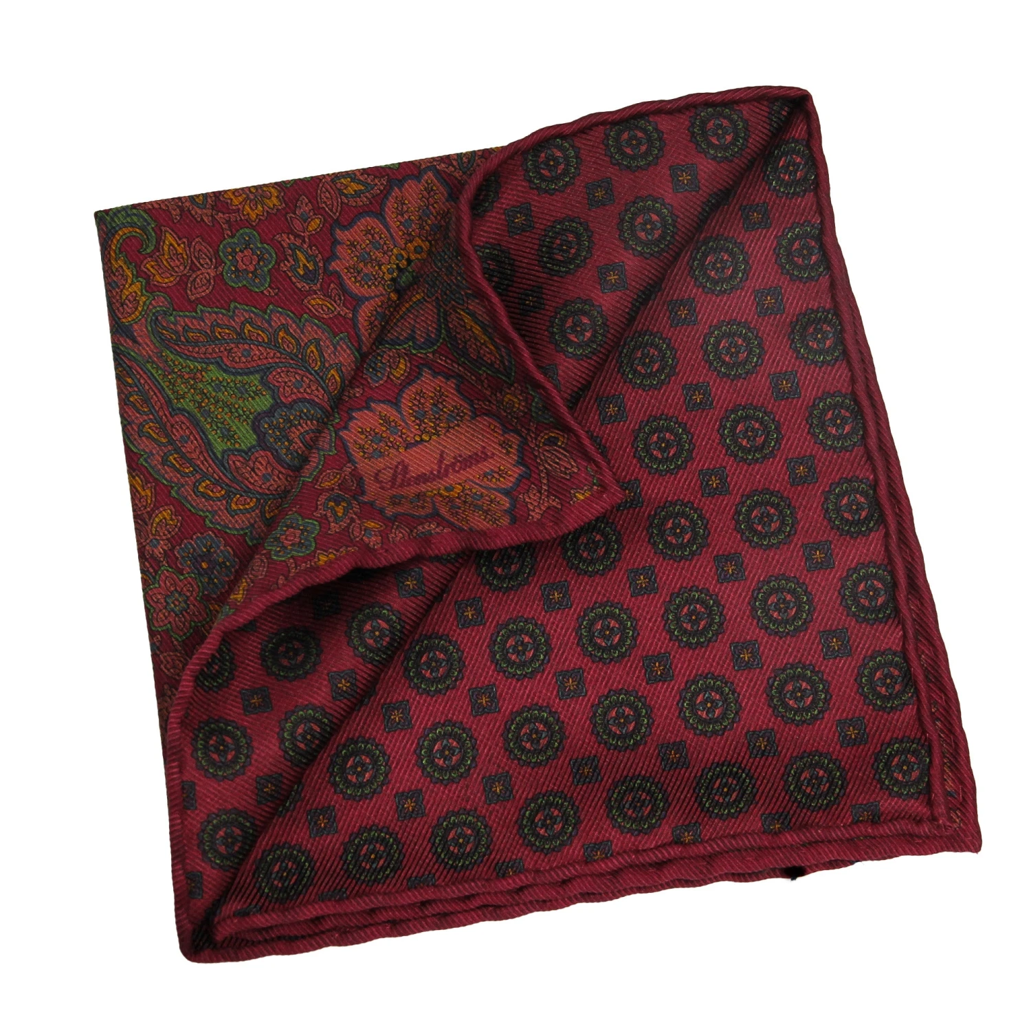 Raspberry And Green Patterned Reversible Silk Hankie - Stenströms 4 Raspberry And Green Patterned Reversible Silk Hankie - Stenströms - Image 2
