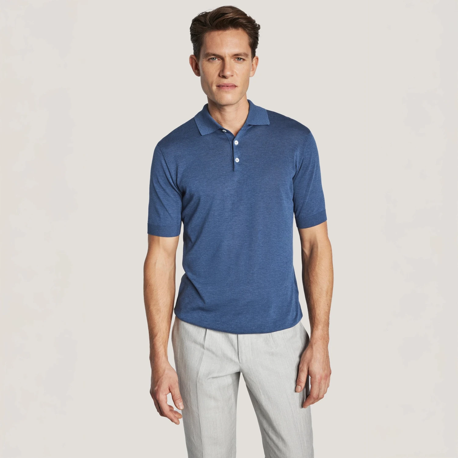 Denim Blue Cotton Silk Knit Polo - Jack Victor 3 Denim Blue Cotton Silk Knit Polo - Jack Victor
