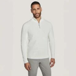 Ecru Solid Quarter Zip Cotton Sweater - Jack Victor