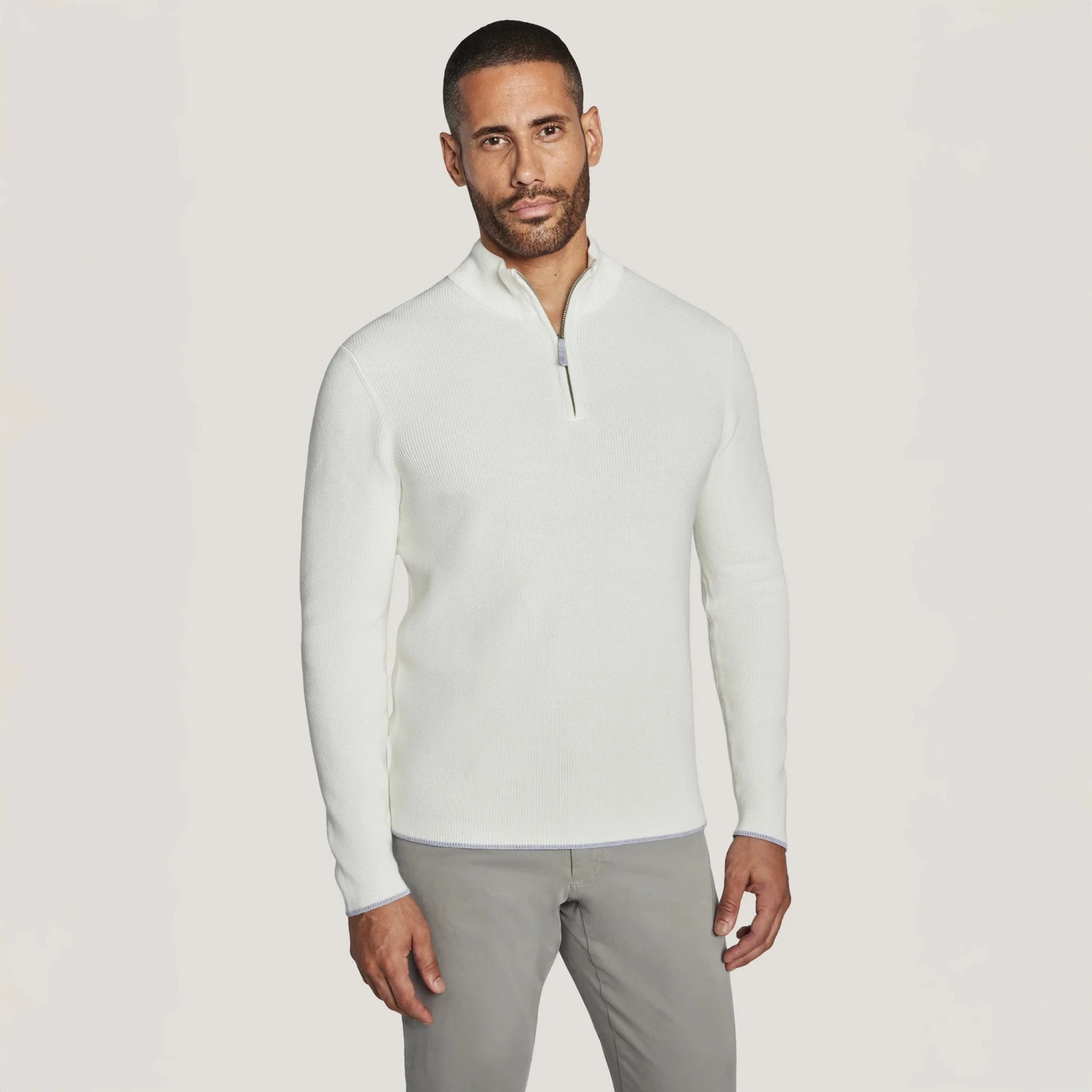 Ecru Solid Quarter Zip Cotton Sweater - Jack Victor 3 Ecru Solid Quarter Zip Cotton Sweater - Jack Victor