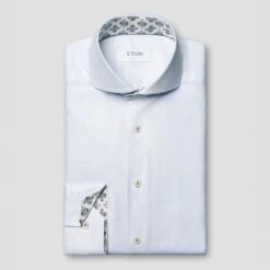 Light Blue Semi-Solid Cotton Tencel Contrast Trim Slim Fit Shirt - ETON