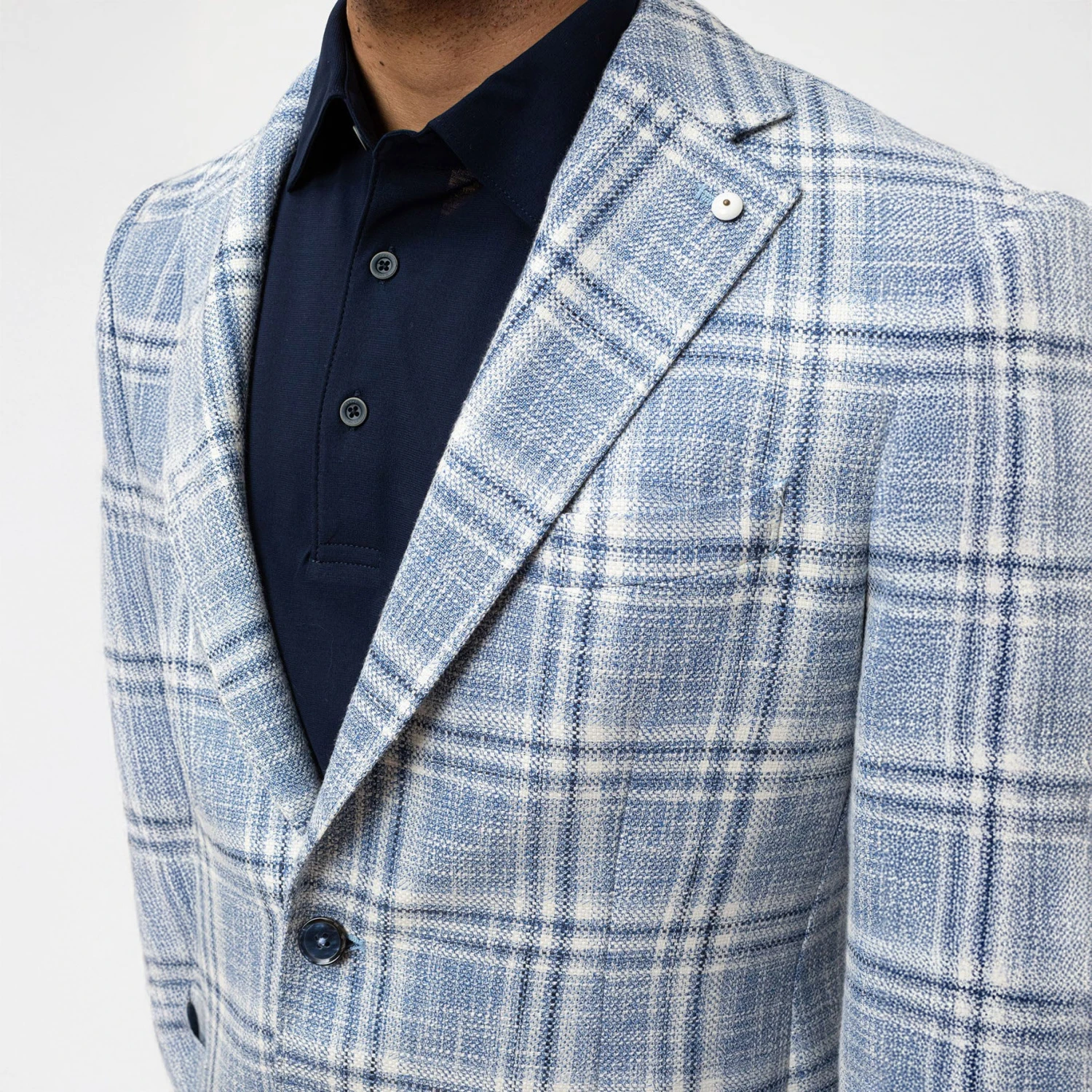 Blue Check Cotton Linen Contemporary Fit Sport Jacket - L.B.M 1911 7 Blue Check Cotton Linen Contemporary Fit Sport Jacket - L.B.M 1911 - Image 5