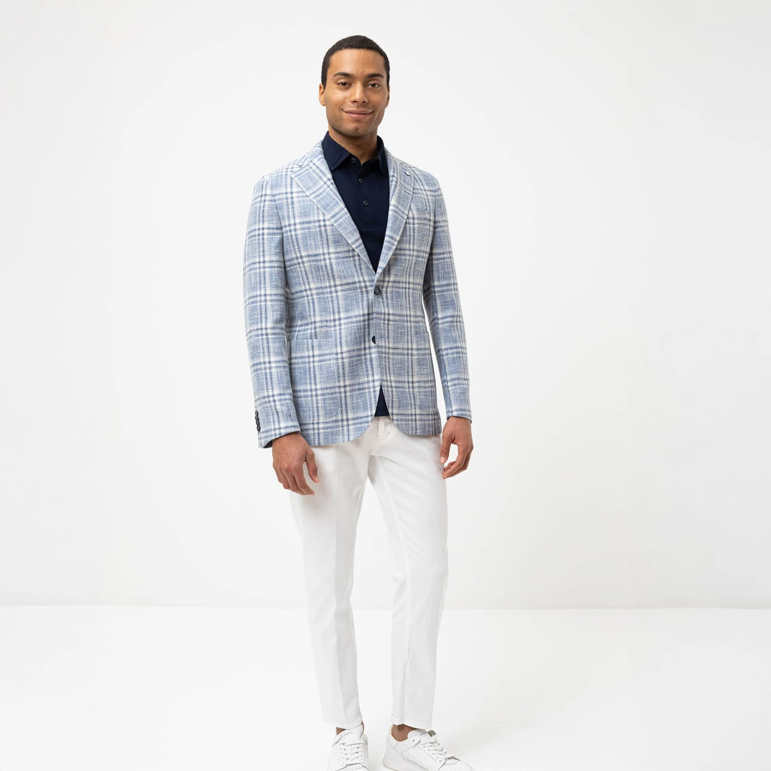 Blue Check Cotton Linen Contemporary Fit Sport Jacket - L.B.M 1911 4 Blue Check Cotton Linen Contemporary Fit Sport Jacket - L.B.M 1911 - Image 2