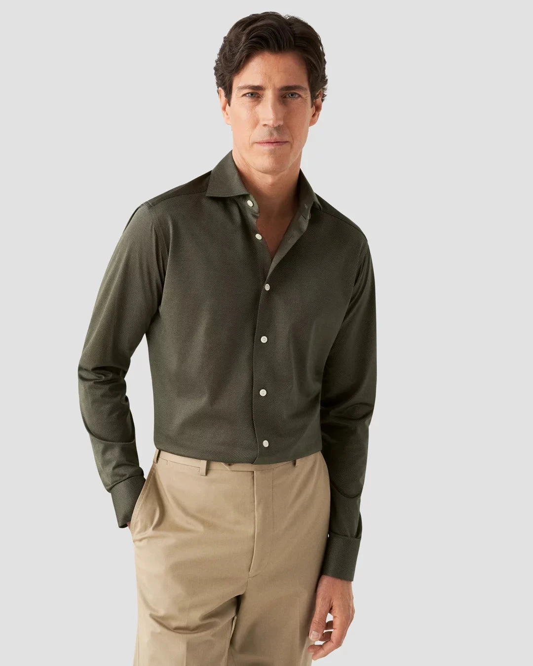 Dark Green Solid Filo Di Scozia King Knit Slim Fit Shirt - ETON 3 Dark Green Solid Filo Di Scozia King Knit Slim Fit Shirt - ETON